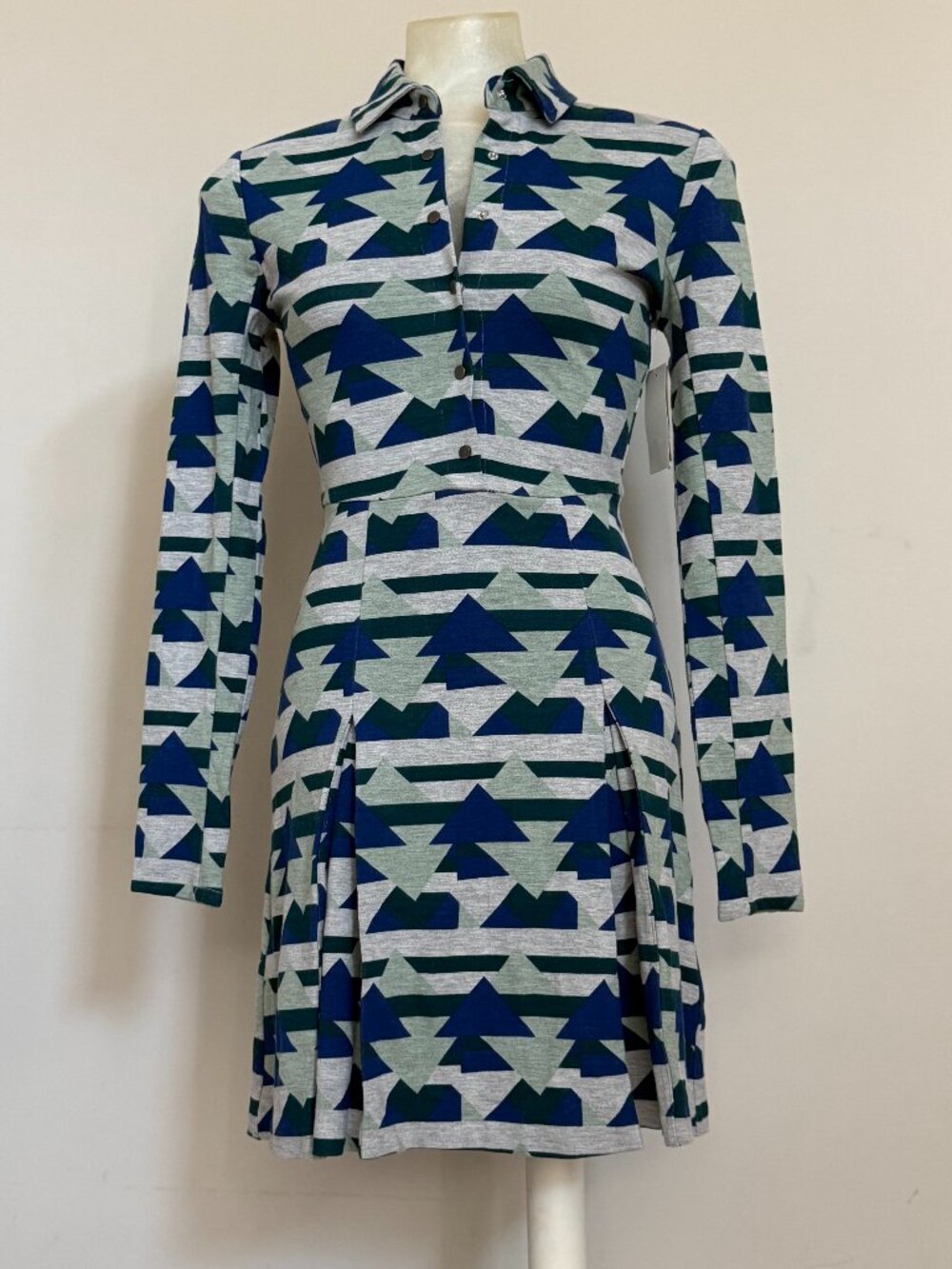 NWT Rachel Rachel Roy XS Geometric Print Fit Flare Shirt Dress Blue Green